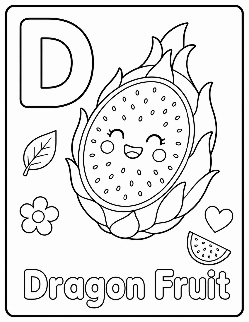 D is for Dragon Fruit coloring page line art