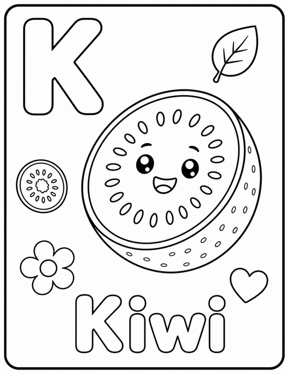 K is for Kiwi coloring page line art