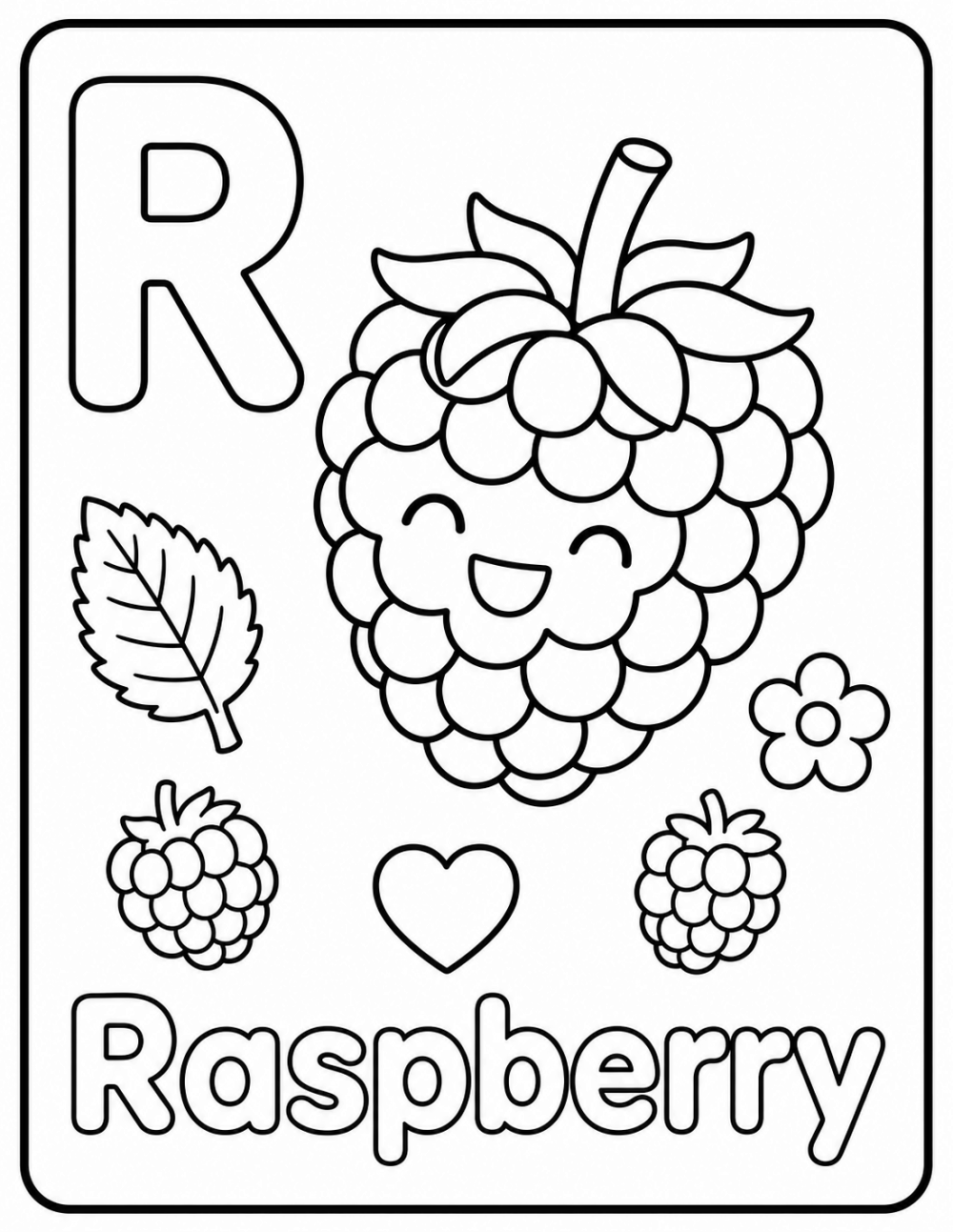 R is for Raspberry coloring page line art