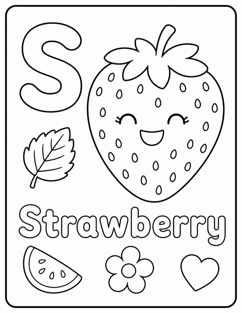 S is for Strawberry coloring page line art