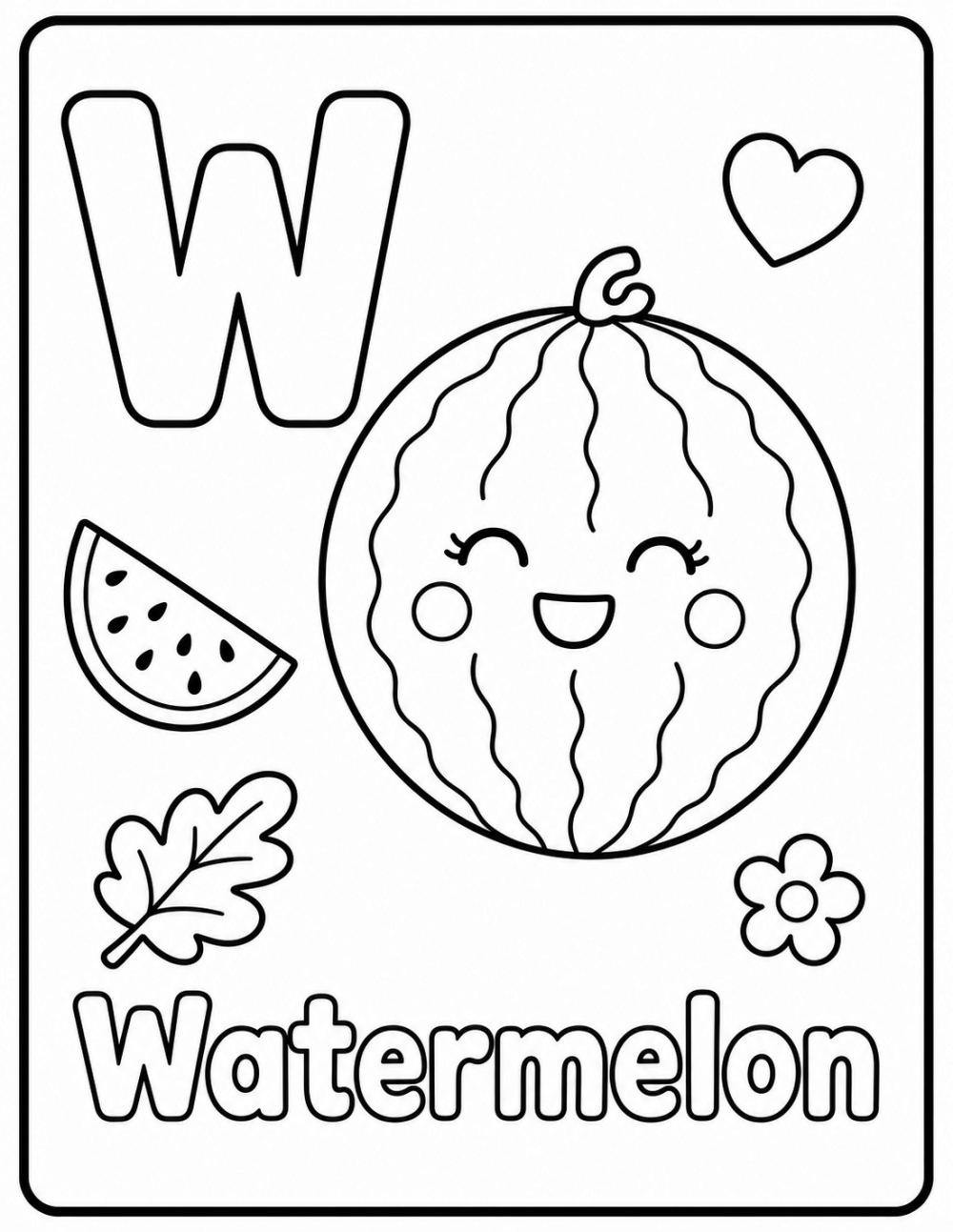 W is for Watermelon coloring page line art